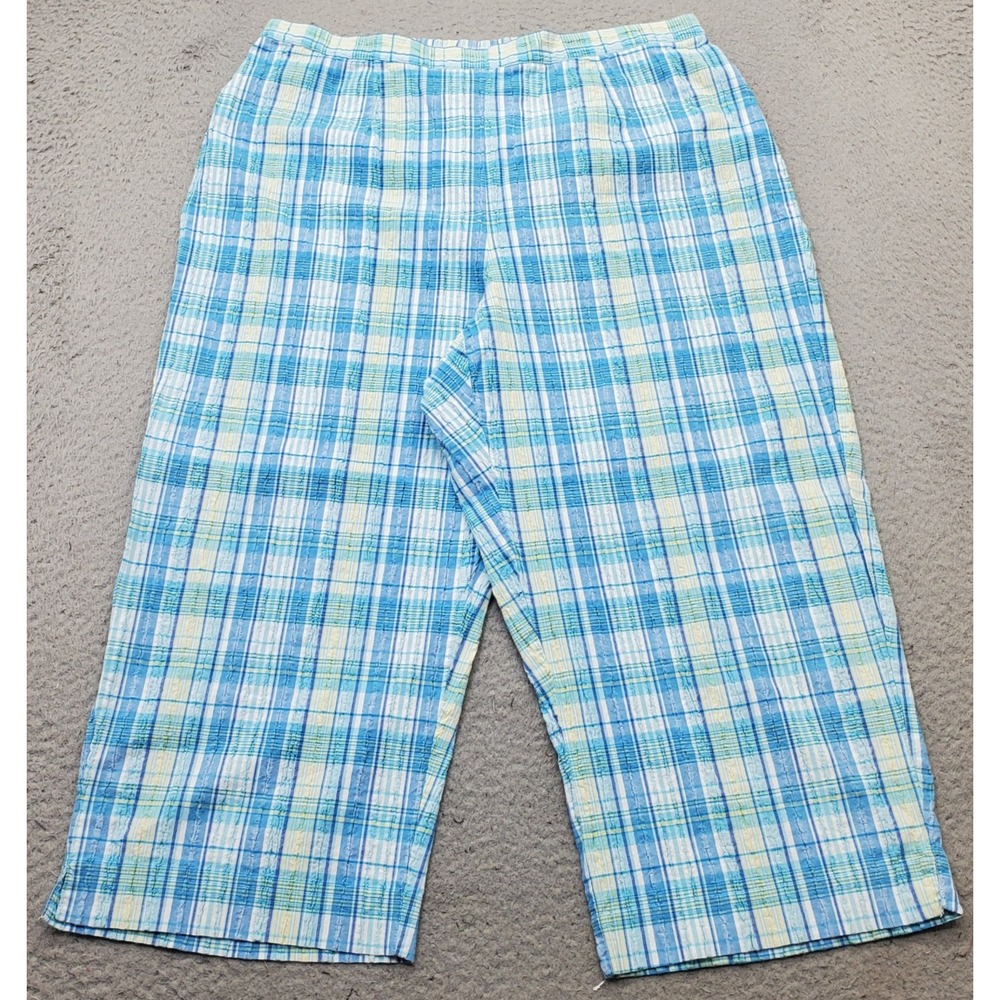 Alfred Dunner Capri Pants Womens 16W Blue Plaid Seersucker Stretch Elastic Waist
